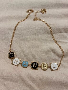 Chanel-Inspired Gold Tone Multicolor Logo Necklace - Gold, Black, White, Blue